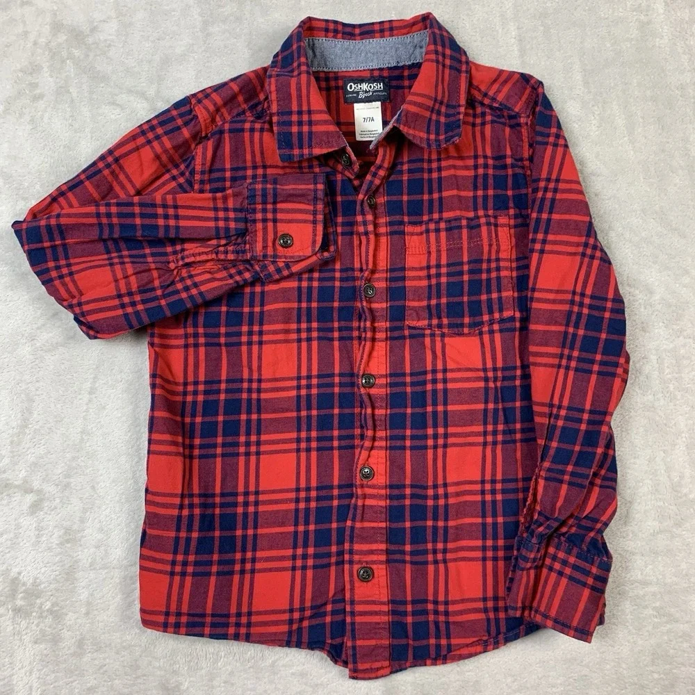 Oshkosh B'gosh Flannel Shirt Youth Boys 7 Red Blue Plaid Long Sleeve Cotton